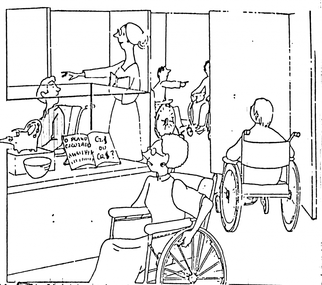 Descrição: Desenho do projeto expositivo da Estação Ciência, mostrando pessoas em cadeiras de rodas circulando pelo espaço expositivo com vitrines com altura adequada a sua visualização.  Fonte: RÚSSIO, s.d.
